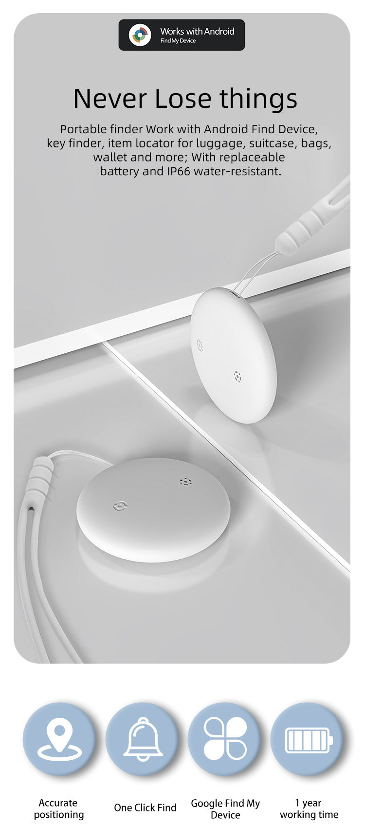 Waterproof Dual-System Locator for iOS and Android Devices; AirTag-Compatible Device with Google Analytics functionality for Loss Prevention